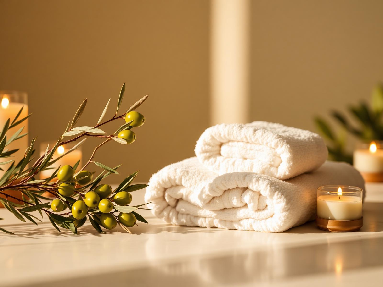 Ambiente spa mediterráneo con ramas de olivo